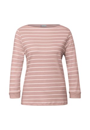 Langärmliges Oberteil mit Rundhalsausschnitt in sanftem Rosa mit weißen horizontalen Streifen. Hergestellt aus dehnbarem Stoff, mit gekniffenen Ärmeln und lockerer Passform.