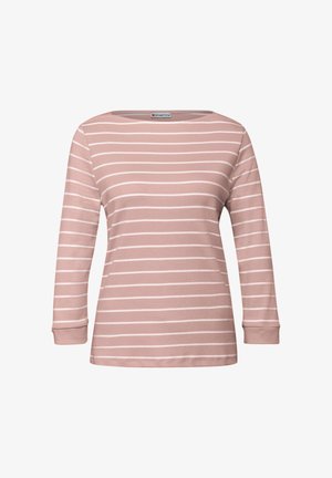 Pitkähiha, pyöreäkauluksinen paita pehmeässä vaaleanpunaisessa värissä, jossa on valkoisia vaakaraitoja. Valmistettu venyvästä kankaasta, jossa on hihansuut käännettynä ja rento istuvuus.