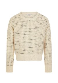 Pull beige avec un design texturé, présentant un ourlet et des poignets côtelés. Fabriqué à partir d'un mélange de matériaux doux, avec des accents de motifs subtils.