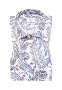 Witte dress shirt met blauw en bruin bloemenpatroon. Heeft een spread collar, knoopsluiting en lange mouwen met manchetten. Modern fit ontwerp.