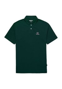 Polo shirt verde scuro in cotone; presenta un colletto, maniche corte e un piccolo logo ricamato sul petto. Design classico con una texture liscia.