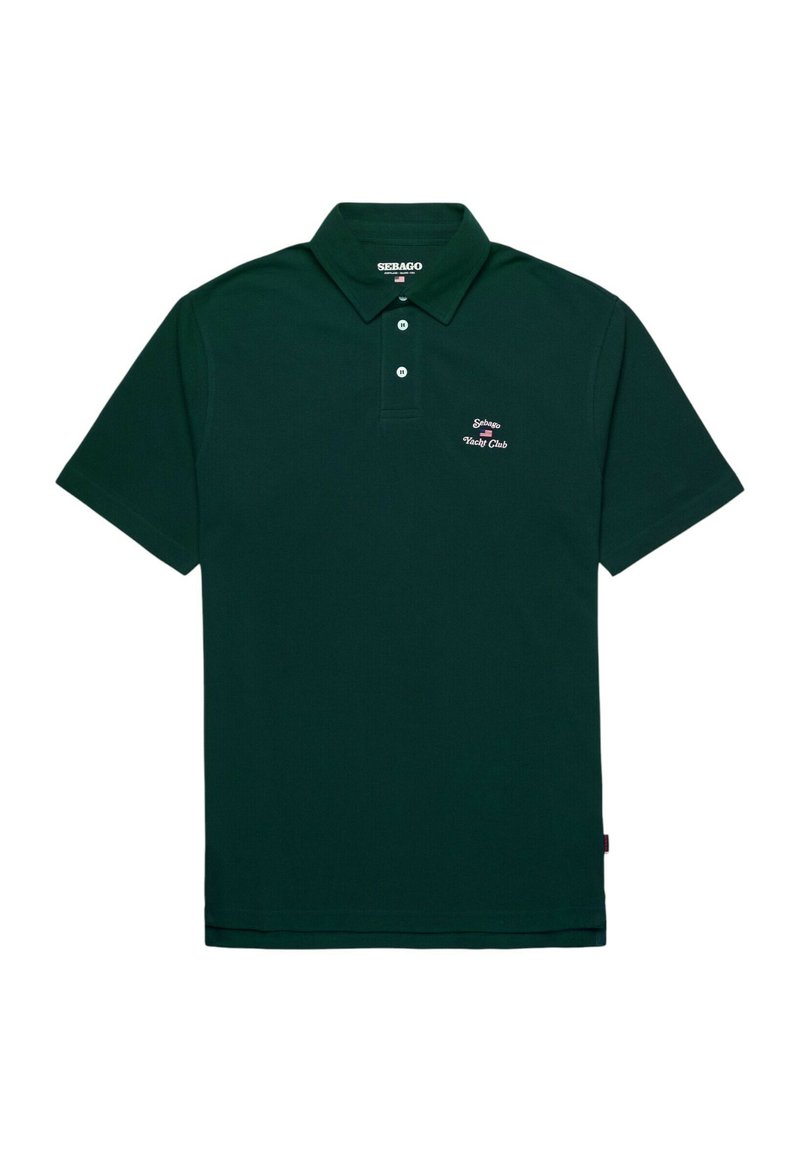 Polo shirt verde scuro in cotone; presenta un colletto, maniche corte e un piccolo logo ricamato sul petto. Design classico con una texture liscia.