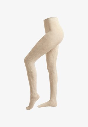 Beige strikkede strømpebukser med et tekstureret kabelmønster langs siderne. Materialet virker blødt med et ribbet design øverst.