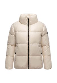 Giacca a vento beige con colletto alto, design trapuntato, zip frontale e due tasche laterali con bottoni neri. Tessuto liscio e lucido.