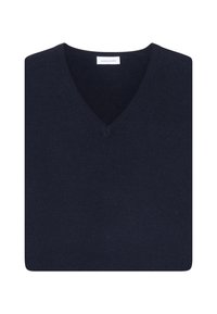 Pull en V bleu marine en tricot doux, avec une texture lisse et un design simple sans embellissements ni motifs.