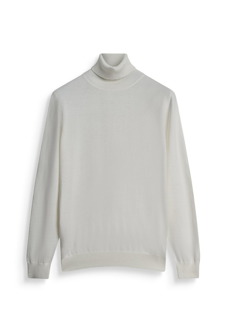 Bijela turtleneck svijetra izrađenog od meke pletene tkanine. Ima uski kroj, rebraste manžetne i visoki ovratnik.