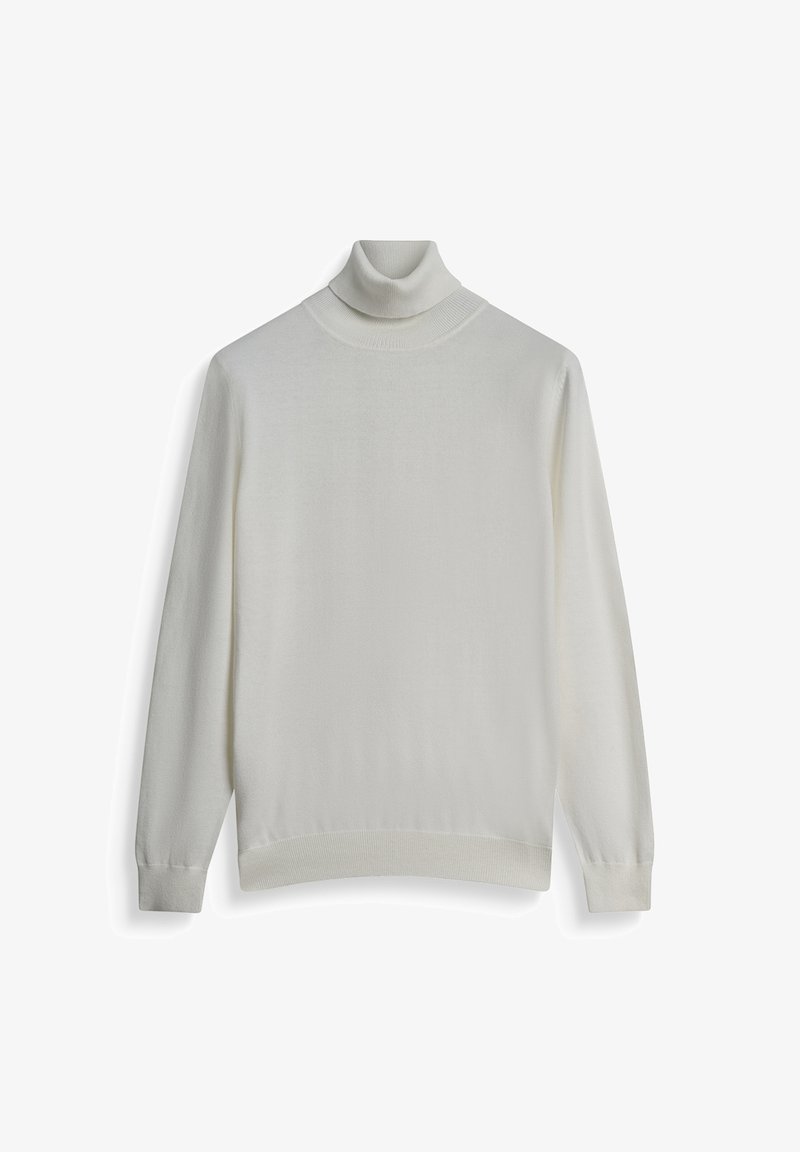 Maglione bianco a collo alto realizzato in morbido tessuto a maglia. Presenta una silhouette aderente, polsini a costine e un collo alto.