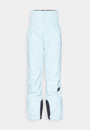 Hellblaue Schneehosen mit einem strukturierten Bund, Druckknopfverschluss und kontrastierenden dunkelblauen Akzenten am Saum und in den Seitentaschen.
