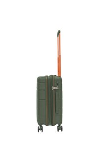 Valigia rigida verde con manico telescopico arancione, motivo testurizzato, chiusura a zip e quattro ruote girevoli per la mobilità.