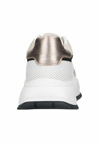 Rear view of a sneaker featuring a white mesh upper, metallic gold accents, and a black rubber sole. Textured heel for added grip.