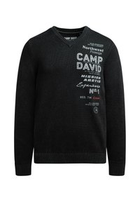 Schwarzer V-Ausschnitt-Pullover mit gerippten Bündchen und Saum, vorne mit weißem Text "CAMP DAVID" und weiteren Designs.