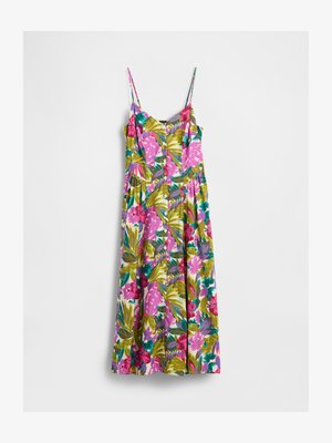 Sleeveless midi dress with thin straps, button-down front, and vibrant floral print in pink, green, teal, and purple on white background.