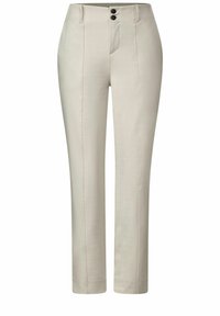 Beige-sävyiset räätälöidyt housut, joissa on sileä pinta, kaksi etupainiketta ja sivutaskut. Housuissa on suora lahjemuotoilu ja huomaamattomat taitokset.