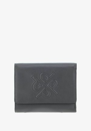 Portefeuille en cuir noir avec un motif géométrique symétrique cousu sur le rabat avant, présenté sur un fond blanc.