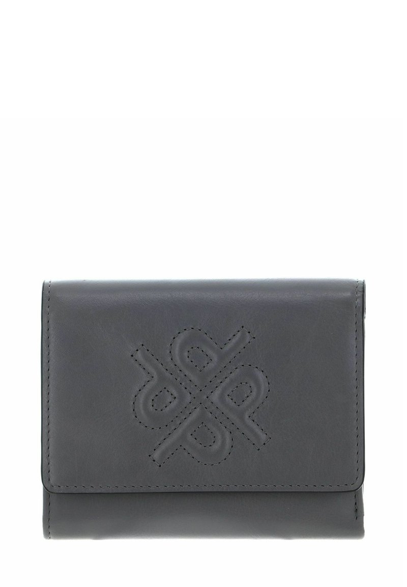 Portefeuille en cuir noir avec un motif géométrique symétrique cousu sur le rabat avant, présenté sur un fond blanc.