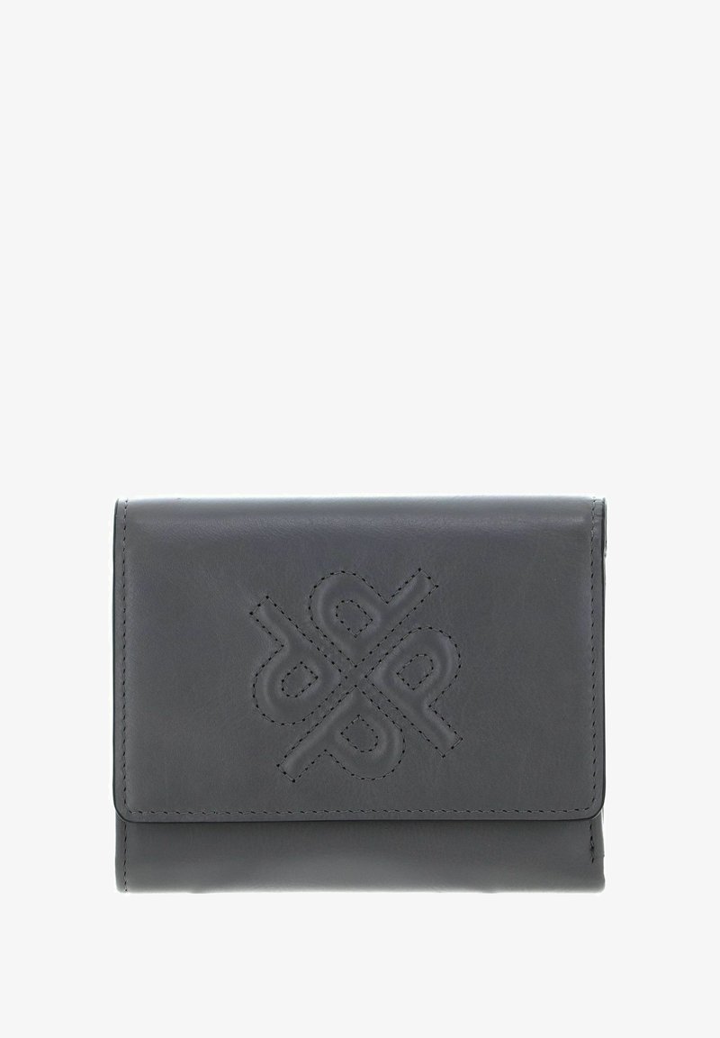 Portefeuille en cuir noir avec un motif géométrique symétrique cousu sur le rabat avant, présenté sur un fond blanc.