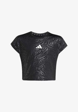 Černé zkrácené tričko s texturovaným vzorem tygřích pruhů, krátkými rukávy a bílým logem Adidas na přední straně.