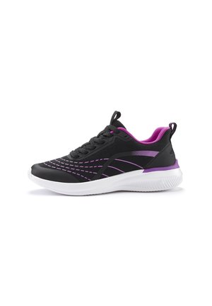 Black athletic shoes with purple accents, featuring a textured upper, lace-up closure, and a thick white sole with a striped design.