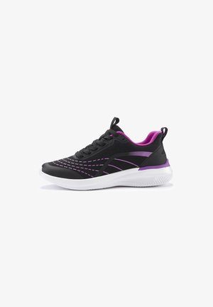 Black athletic shoes with purple accents, featuring a textured upper, lace-up closure, and a thick white sole with a striped design.