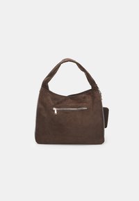 Brown suede handbag with a rounded shape, dual handles, and a front zipper pocket. Features smooth texture and minimalistic design.