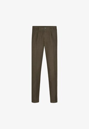 Slim-fit broek in donkerolijfgroen katoenmateriaal, met voorkleppen, zakken aan de zijkant en een knoopsluiting in de taille.