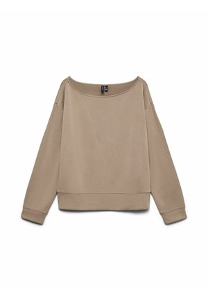 Sweatshirt beige en tissu doux, doté d'une encolure large, d'épaules tombantes et de longues manches avec des poignets côtelés.