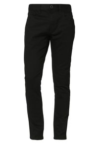 Pantalones de mezclilla negra con un ajuste slim, que cuentan con cinco bolsillos, cierre de botón y una textura suave.