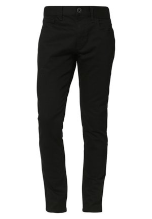 Pantaloni in denim nero con vestibilità slim, dotati di cinque tasche, chiusura con bottone e texture liscia.