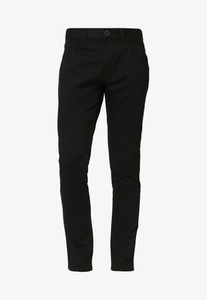 Tumman denim-housut slim fit -tyylillä, joissa on viisi taskua, napitus ja sileä pinta.