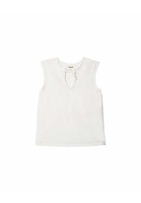 Ärmellose weiße Bluse mit rundem Ausschnitt, Schlitzdetails und einer kleinen Schleife vorne, mit dezenten perforierten Details.