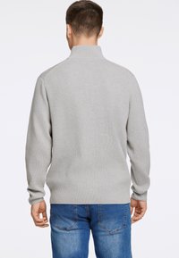 Grå ribbade tröja med hög krage, långa ärmar och avslappnad passform, i kombination med blå denimjeans, sedd bakifrån.