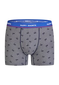 Gray boxer briefs with a blue waistband featuring "HAPPY SHORTS" text, accented by a striped pattern and small printed palm tree designs.