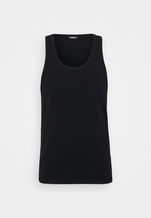 Schwarzes Tanktop aus Baumwolle, mit rundem Halsausschnitt, weiten Armausschnitten und einer glatten Textur. Einfaches Design ohne Muster oder Akzente.