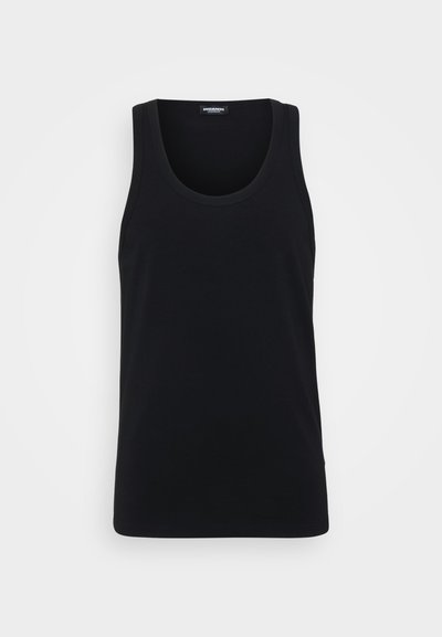 Schwarzes Tanktop aus Baumwolle, mit rundem Halsausschnitt, weiten Armausschnitten und einer glatten Textur. Einfaches Design ohne Muster oder Akzente.