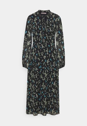 Vestito midi nero a maniche lunghe con piccola stampa floreale bianca e blu, collo alto e scollo anteriore con laccio a occhiello.