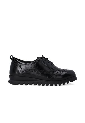 Schwarze Leder-Oxford-Schuhe mit glanzfarbener Oberfläche, ausgestattet mit Brogue-Verzierungen, runder Zehenform und robuster Profilsohle.