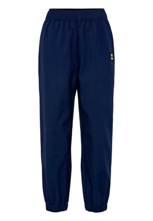Marineblaue Jogginghose mit elastischem Bund und Bündchen und kleinem Seitenlogo an der rechten Hüfte.