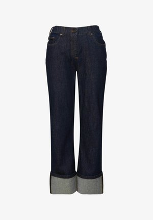Jean en denim bleu foncé avec une coupe droite, présentant une fermeture à bouton, des poches avant et des ourlets en denim plus clair.