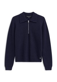 Dunkelblauer, gerippter Strickpullover mit einem Reißverschlusskragen, langen Ärmeln und einem kleinen Logo-Akzent unten links. Weicher Stoff und taillierte Passform.