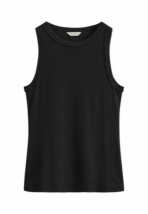 Zwart mouwloos geribd tanktop met ronde halslijn en GANT-label aan de binnenkant van de kraag.
