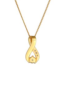 Guld vedhæng på en kæde med et uendelighedsdesign, en cirkulær accent og små huller for detaljer. Glat, poleret overflade.