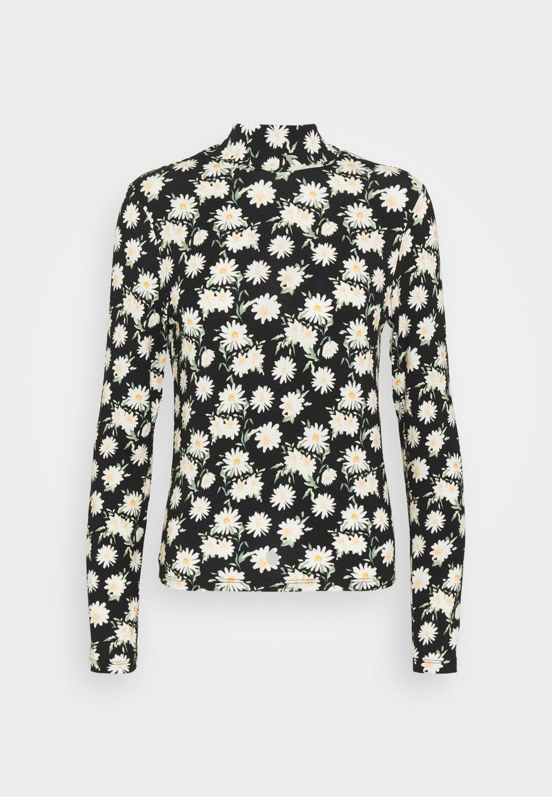 Långärmad topp i sträckt tyg med svart bakgrund. Tryckt med vita tusenskönor, gröna stjälkar och gula centra. Hög halsdesign.