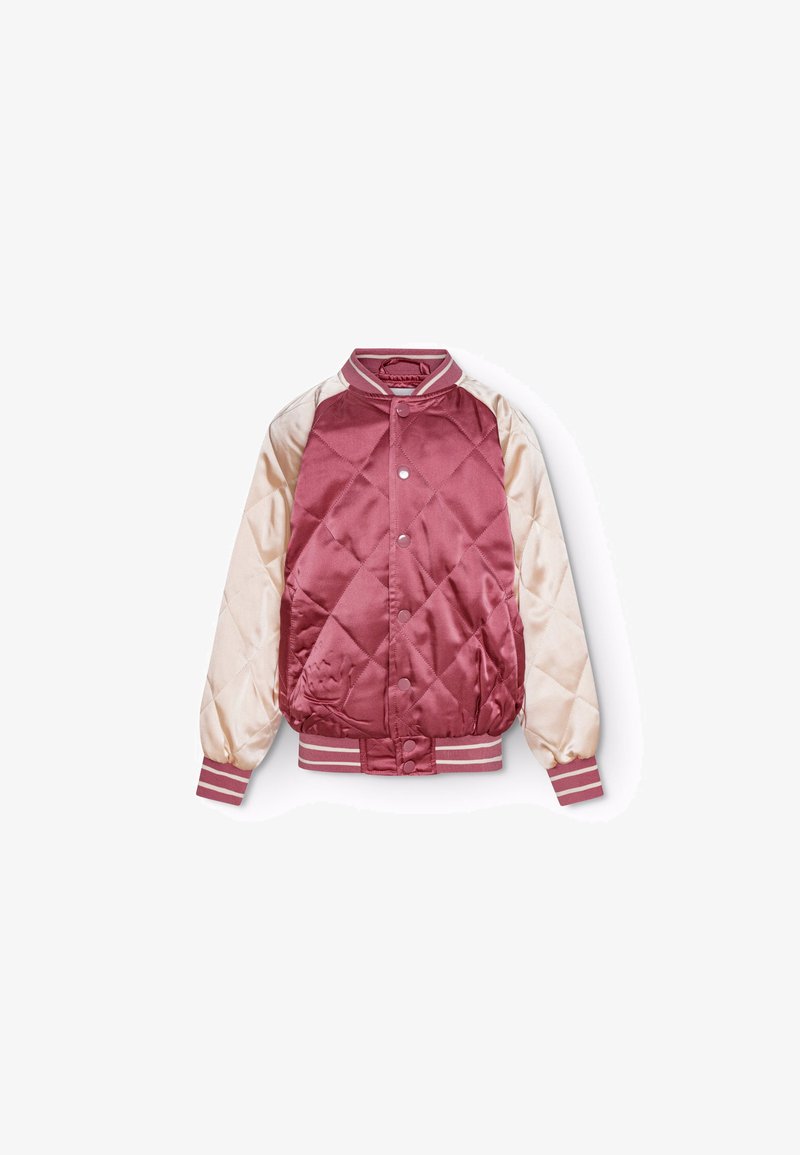 Giacca bomber trapuntata in satin bordeaux e crema, con polsini e colletto a coste rigate e chiusura frontale con bottoni a scatto.
