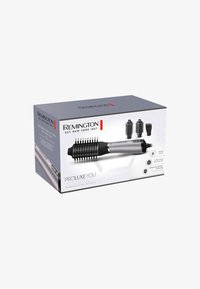 Urządzenie stylizujące Remington ProLuxe w kolorze srebrnym i czarnym, z końcówką w formie szczotki i wieloma głowicami do stylizacji. Opakowanie przedstawia cechy produktu.