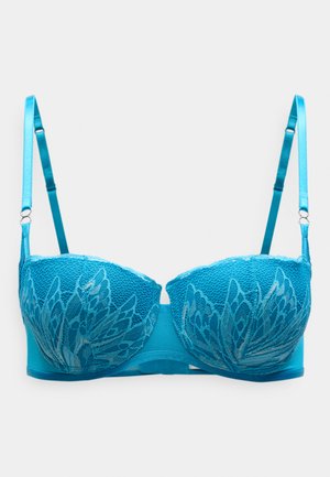 Sutien albastru din dantelă florală cu cupe modelate, bretele din satin și o bandă netedă. Prezintă modele intricate în formă de frunze și bretele reglabile.