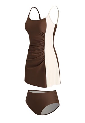 Twee-tint zwempak in bruin en crème met plooidetails, verstelbare bandjes en bijpassende bruine zwemonderbroek, gemaakt van een soepele stretchstof.
