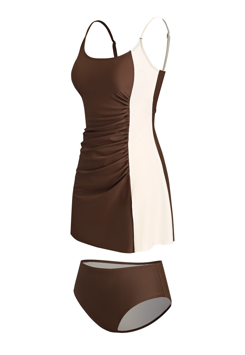 Twee-tint zwempak in bruin en crème met plooidetails, verstelbare bandjes en bijpassende bruine zwemonderbroek, gemaakt van een soepele stretchstof.