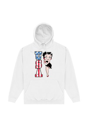 Biała bluza z kapturem z grafiką Betty Boop w czarnej sukience, z napisem 'USA' w czerwonych i niebieskich literach, gwiazdkami oraz akcentem w kształcie serca.
