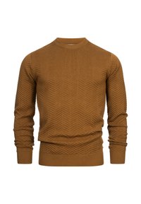 Brown knitted sweater with herringbone texture, round neckline, and ribbed cuffs and hem. Features a snug fit and subtle pattern detail.