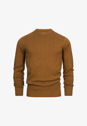 Suéter marrón de punto con textura de espiga, cuello redondo y puños y dobladillo acanalados. Presenta un ajuste ceñido y un sutil detalle de patrón.